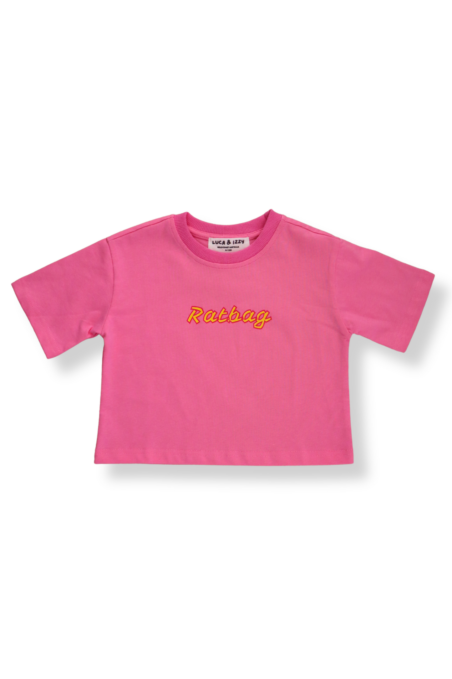 Pink t-shirt with "Ratbag" print on the front