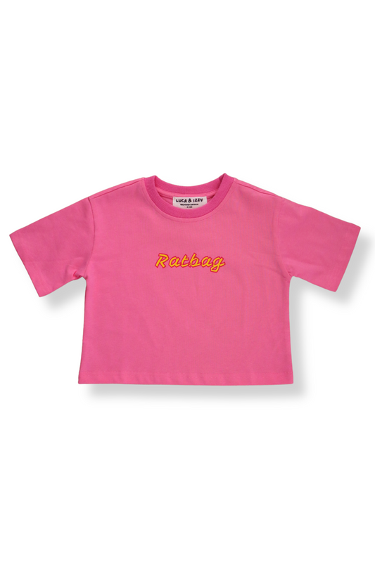 Pink t-shirt with "Ratbag" print on the front