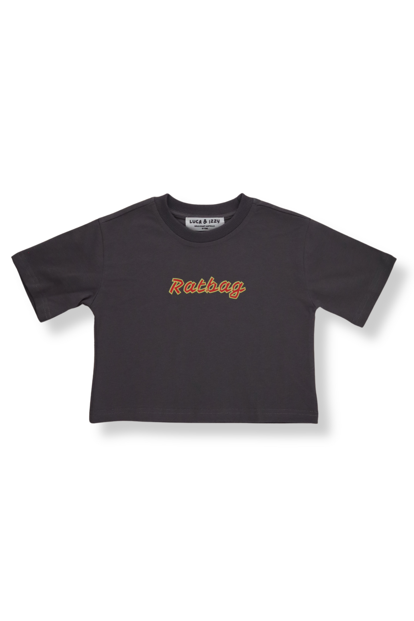 Charcoal kids t-shirt with "Ratbag" print on the front