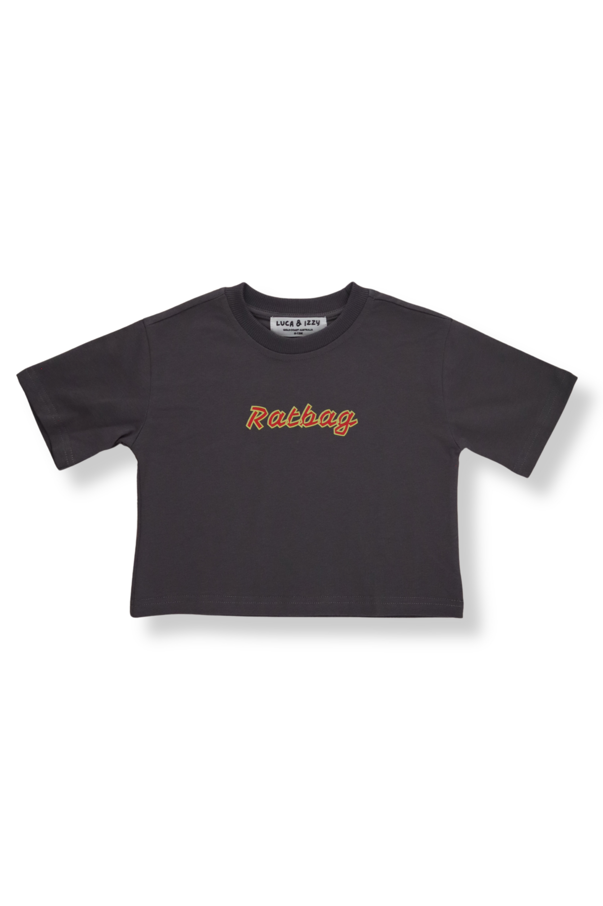 Charcoal kids t-shirt with "Ratbag" print on the front