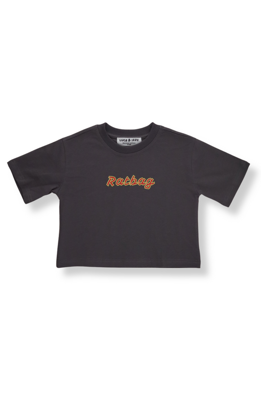 Charcoal kids t-shirt with "Ratbag" print on the front